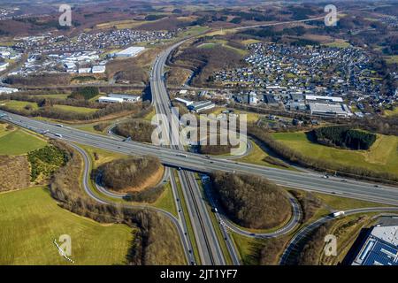 Freeway junction Olpe-Süd, freeway A4 and freeway A45, Gerlingen, Wenden, Sauerland, North Rhine-Westphalia, Germany, freeway, freeway A45, freeway br Stock Photo