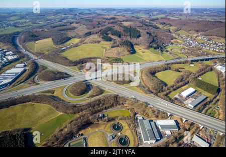 Freeway junction Olpe-Süd, freeway A4 and freeway A45, Gerlingen, Wenden, Sauerland, North Rhine-Westphalia, Germany, freeway, freeway A45, freeway br Stock Photo