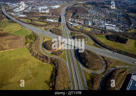 Freeway junction Olpe-Süd, freeway A4 and freeway A45, Gerlingen, Wenden, Sauerland, North Rhine-Westphalia, Germany, freeway, freeway A45, freeway br Stock Photo