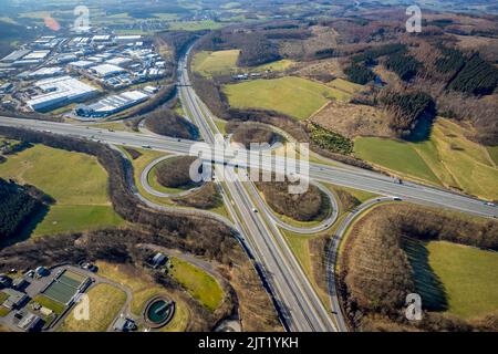 Freeway junction Olpe-Süd, freeway A4 and freeway A45, Gerlingen, Wenden, Sauerland, North Rhine-Westphalia, Germany, freeway, freeway A45, freeway br Stock Photo