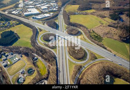 Freeway junction Olpe-Süd, freeway A4 and freeway A45, Gerlingen, Wenden, Sauerland, North Rhine-Westphalia, Germany, freeway, freeway A45, freeway br Stock Photo