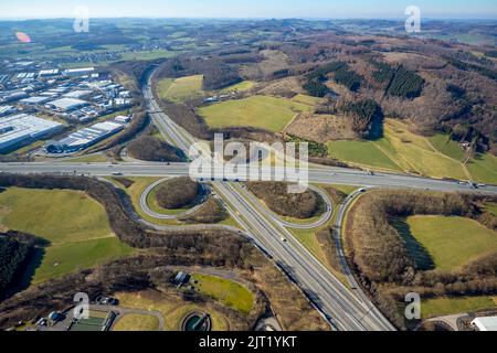 Freeway junction Olpe-Süd, freeway A4 and freeway A45, Gerlingen, Wenden, Sauerland, North Rhine-Westphalia, Germany, freeway, freeway A45, freeway br Stock Photo