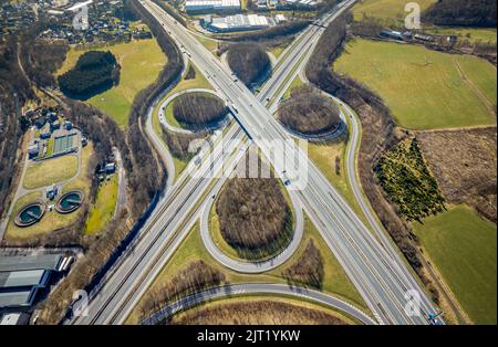 Freeway junction Olpe-Süd, freeway A4 and freeway A45, Dahl, Olpe, Sauerland, North Rhine-Westphalia, Germany, freeway, freeway A45, freeway bridge, B Stock Photo