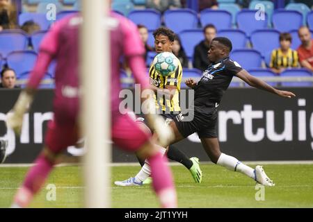 ARNHEM - (lr) RKC Waalwijk keeper Etienne Vaessen, Million Manhoef of Vitesse, Thierry Lutonda or RKC Waalwijk during the Dutch Eredivisie match between Vitesse and RKC Waalwijk at the Gelredome on August 27, 2022 in Arnhem, Netherlands. ANP ROY LAZET Stock Photo