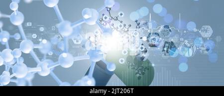 Capsule pill opening with molecule model, DNA, Science background with molecules and atoms in the laboratory, Medical science and biotechnology, 3D re Stock Photo
