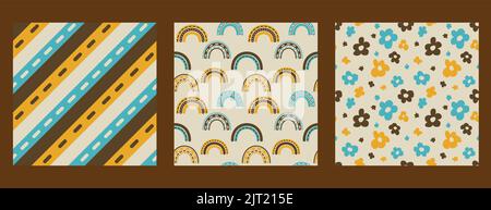 Set of 1970 groovy seamless vector pattern background. Warm retro abstract wallpaper, 70s rainbow, daisy flower, stripes Stock Vector