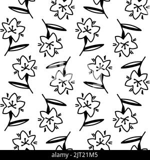 Doodle flower seamless pattern. Black flowers variety, hand drawn floral texture. Spring themed cute sketch elements Stock Vector