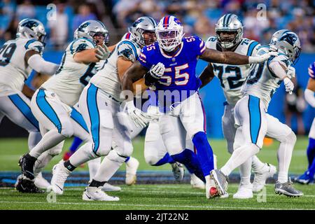 Buffalo Bills running back Raheem Blackshear (35) is tackled by Carolina  Panthers defensive end Austin Larkin (