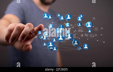 A virtual projection of digital figures of a team connection with a ...