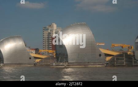 Thames Barrier, River Thames, London, UK.  The Thames Barrier prevents flooding upstream in London. Stock Photo