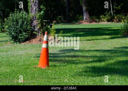 Orange traffic cone outdoors in grass at park Stock Photo