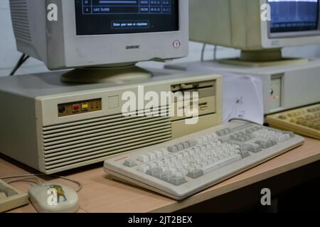 Exhibition of old desktop computers in technology museum Stock Photo