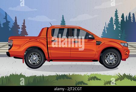 Orange pickup truck ,on the road , Side View Stock Vector