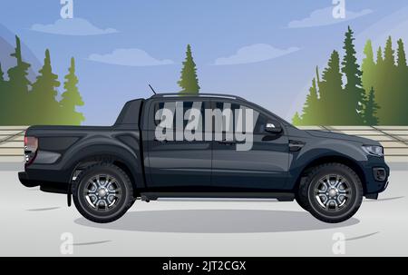 black pickup truck ,on the road , Side View Stock Vector