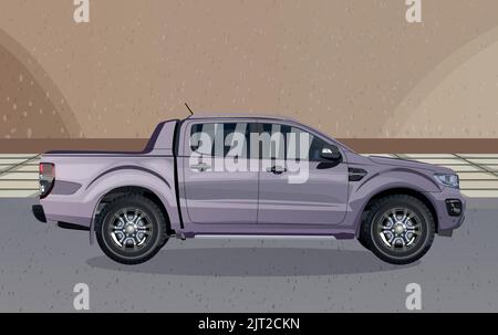 purple pickup truck ,on the road , Side View Stock Vector