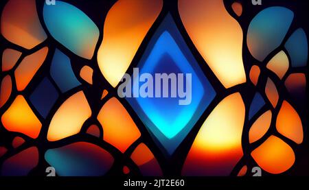 Blue glowing stained glass pattern background. Beautiful abstract wallpaper Full HD. Stock Photo