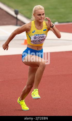 Yuliya Levchenko of Ukraine competing in the women’s high jump heats at the World Athletics Championships, Hayward Field, Eugene, Oregon USA on the 16 Stock Photo