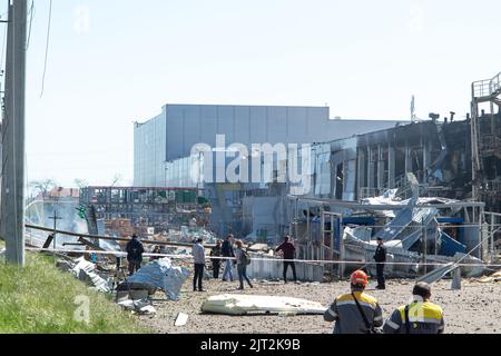 ODESSA, UKRAINE - MAY 9, 2022: As result of shelling, rocket hit ACHAN shopping center. Destruction in shopping center after being hit by ballistic mi Stock Photo