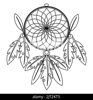 Symbol of Indians of America. Dream catcher with ornate bird feathers, black line vector illustration isolated on white background. Vintage ethnic dreamcatcher boho fashion element. Stock Vector