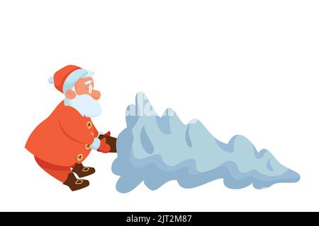 Tired Santa Claus in Red Pulling New Year Tree Stock Vector