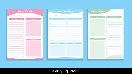 The colorful set of 'Daily Planner' lists with abstract shapes and trendy lettering. Template for agenda, planners, and other stationery. Stock Vector