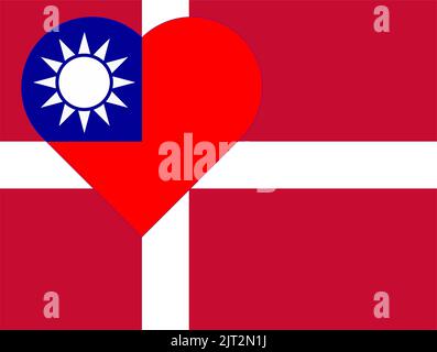 Flag of Taiwan in the form of a heart on the flag of Denmark. Allied support for Taiwan. Flat double flag - illustration. Stock Photo