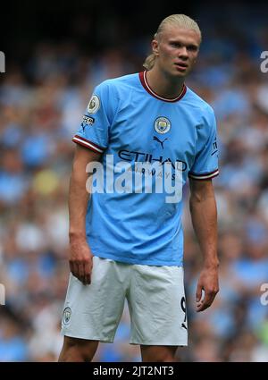 City Stadium, Manchester, UK. 27th Aug, 2022. Premier Leage football, Manchester City versus Crystal Palace; Erling Haaland of Manchester City Credit: Action Plus Sports/Alamy Live News Stock Photo