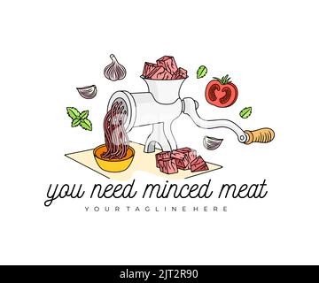 Meat grinder grind meat into mince meat, logo design. Food, meal, vegetables, herbs, butcher shop and catering, vector design and illustration Stock Vector