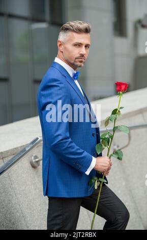 valentines day concept. mature tuxedo man with valentines rose. flower gift for valentines day Stock Photo