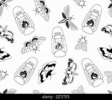 Moths and butterflies, kerosene lamp, old oil lantern and oil lamp, seamless vector background in outline, pattern. Flying insects, nature, entomology Stock Vector