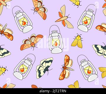 Moths and butterflies, kerosene lamp, old oil lantern and oil lamp, seamless vector background, wallpaper, banner, pattern. Flying insects, nature Stock Vector