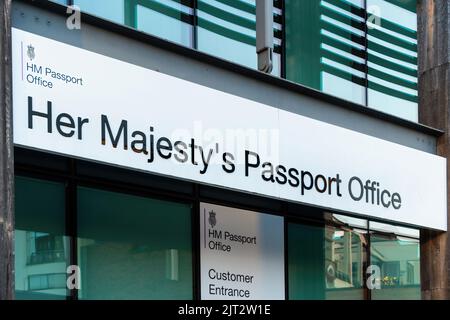 sign her majesty's passport office in Durham. County Durham Uk which will need to change to his after the death of queen elizabeth and charles III Stock Photo