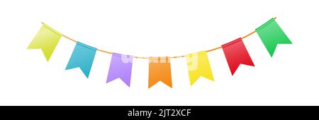 Garland of multicolored flags isolated on white background. Colored flags for holiday decoration. Vector illustration. Stock Vector