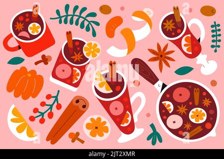 Mulled wine illustrations, glasses and mugs, pot with hot wine with citrus orange, spices and berries. Hot winter drink with cinnamon, anise and Stock Vector