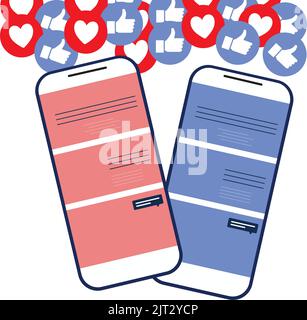 The two smartphones in pink and blue, with blank for chatting and like, heart icons on top Stock Vector