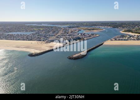 A drone shot of the Manasquan Inlet in New Jersey on a bright sunny day Stock Photo