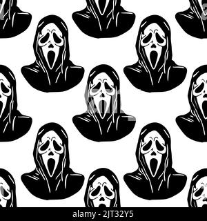 seamless graphic black pattern mask scream on white background, texture, design Stock Photo