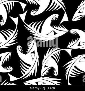 bright seamless pattern of white graphic fish skeletons on a black background, texture, design Stock Photo