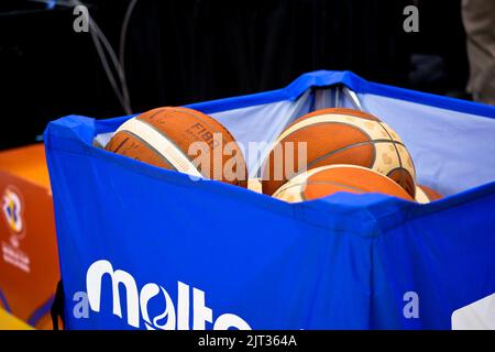 Victoria, Canada. 25th Aug, 2022. Victoria, British Columbia, Canada, August 25th 2022: FIBA basketballs at the FIBA Basketball World Cup 2023 Qualifiers between Canada and Argentina on August 25th, 2022 at the Save-On-Foods Memorial Centre in Victoria, British Columbia, Canada. (Amy Elle/SPP) Credit: SPP Sport Press Photo. /Alamy Live News Stock Photo