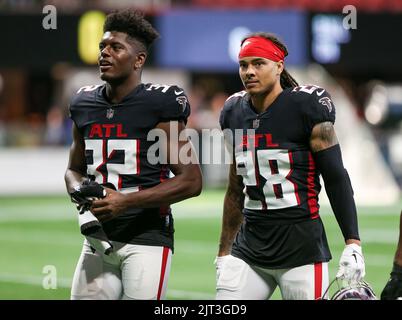 ATLANTA, GA – OCTOBER 30: Atlanta cornerback Mike Ford (28) reacts during  the NFL game between the Carolina Panthers and the Atlanta Falcons on October  30th, 2022 at Mercedes-Benz Stadium in Atlanta