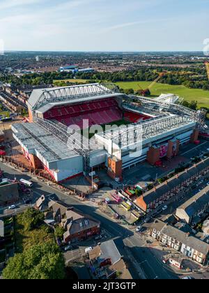 Liverpool, UK. 27th Aug, 2022. A general view (GV) of Goodison Park and Anfield including the under construction new Anfield Road stand after the Premier League match between Liverpool and Bournemouth at Anfield on August 27th 2022 in Liverpool, England. (Photo by Daniel Chesterton/phcimages.com) Credit: PHC Images/Alamy Live News Stock Photo