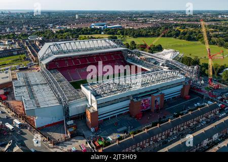 Liverpool, UK. 27th Aug, 2022. A general view (GV) of Goodison Park and Anfield including the under construction new Anfield Road stand after the Premier League match between Liverpool and Bournemouth at Anfield on August 27th 2022 in Liverpool, England. (Photo by Daniel Chesterton/phcimages.com) Credit: PHC Images/Alamy Live News Stock Photo