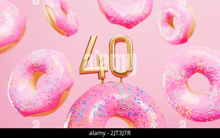 Happy 40th birthday celebration background with pink frosted donuts. 3D Rendering Stock Photo