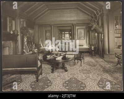 Trophy room at Sagamore Hill, summer home of President Theodore Roosevelt, with bison and elk heads on wall Stock Photo