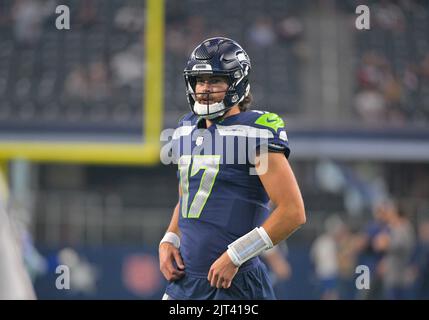 August 26 2022: Seattle Seahawks quarterback Jacob Eason (17) hands the  ball to Seattle Seahawks running back Ronnie Rivers (38) during the 2nd  half the NFL Football game between the Seattle Seahawks