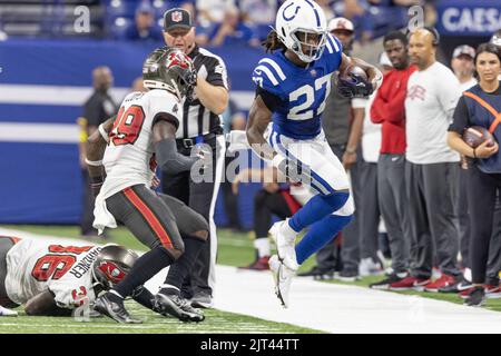 FILE - Indianapolis Colts running back D'Vonte Price (27) runs a drill  during practice at the NFL team's football training camp in Westfield,  Ind., Tuesday, Aug. 2, 2022. Guardian Caps, the mushroom-like