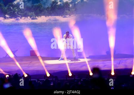 New York, USA. 27th Aug, 2022. Bad Bunny performs at Yankee Stadium on his World's Hottest Tour in New York, NY on August 27, 2022. (Photo by Efren Landaos/Sipa USA) Credit: Sipa USA/Alamy Live News Stock Photo