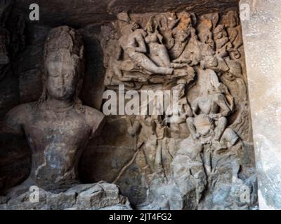 Elephanta Island Mumbai Maharashtra, India – June 6, 2014 : Hindu God Sculpture at Elephanta Cave Island in Mumbai. Stock Photo