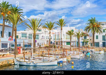 Landscape with fishing port of Fornells village in Menorca, Balearic islands, Spain Stock Photo