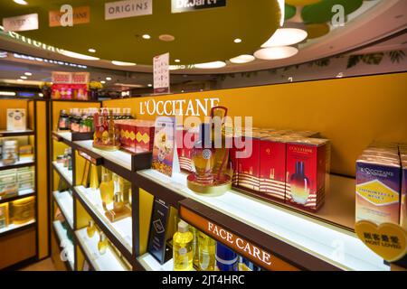 SINGAPORE - CIRCA JANUARY, 2020: L'Occitane personal care products on display at store in Changi Airport. Stock Photo